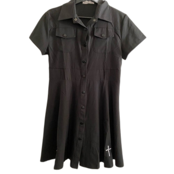 S/M Black Goth Cross Button-Up Mini Dress, Whimsigoth, Gothic Vamp OF-26 - Picture 1 of 10